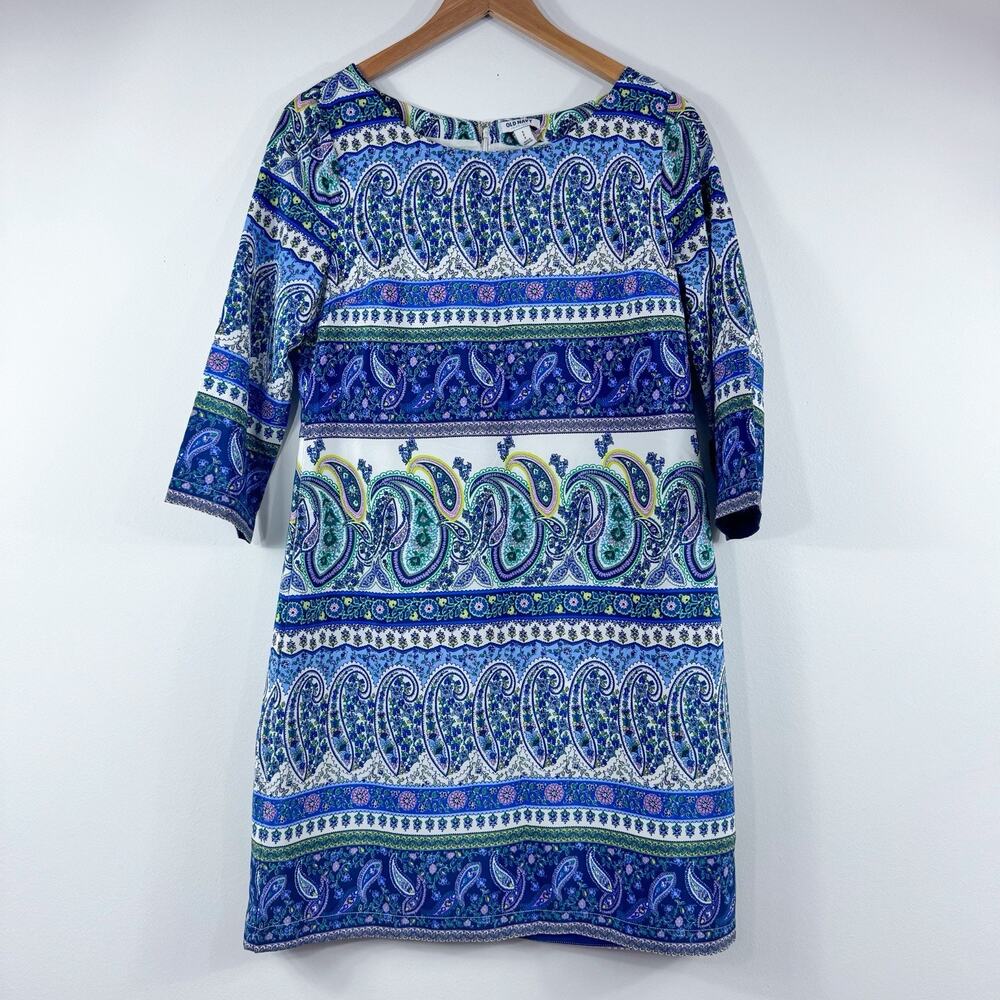 Women’s Small White Blue Paisley Sheath Dress Old Navy Bright Colorful Floral